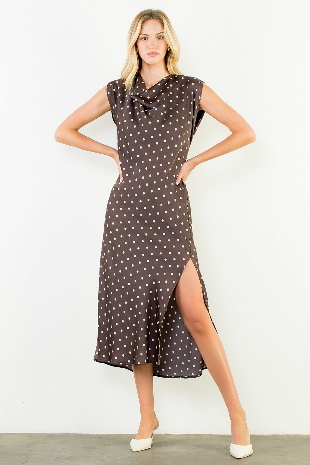 Emma Cowl Neck Polkadot Dress