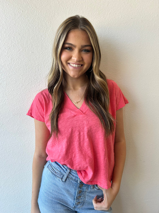 Hot Coral V-Neck Top