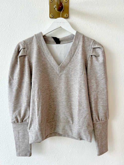 Tan Puff Sleeve V-Neck Sweatshirt