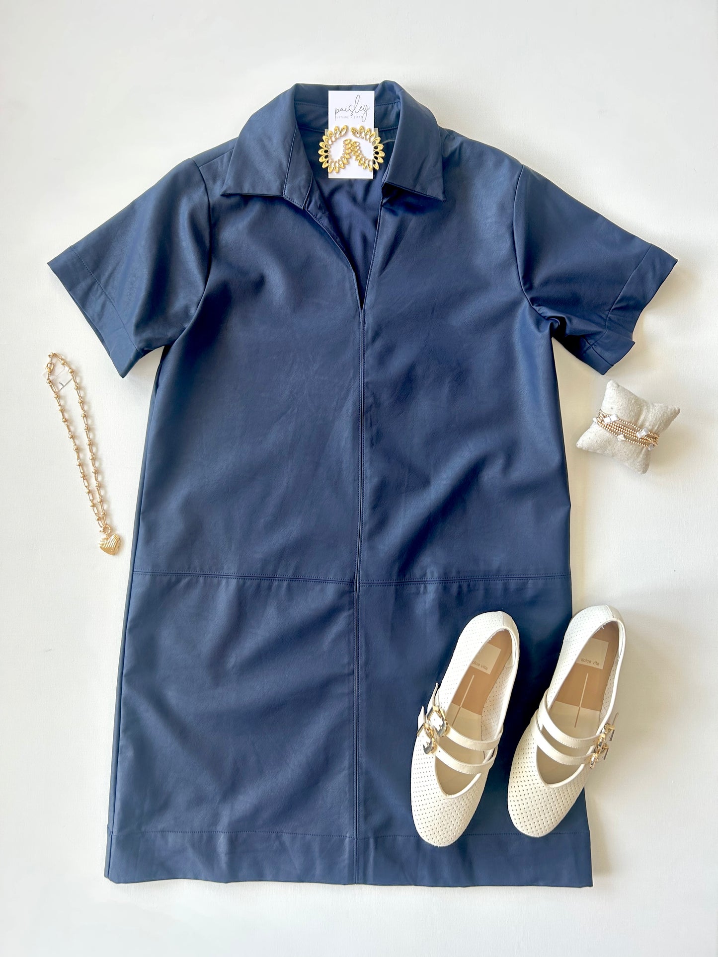 Navy Leather Tunic Mini Dress