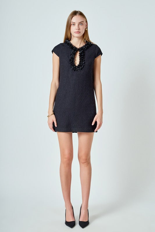 Black Tweed Shift Dress With Floral Trim