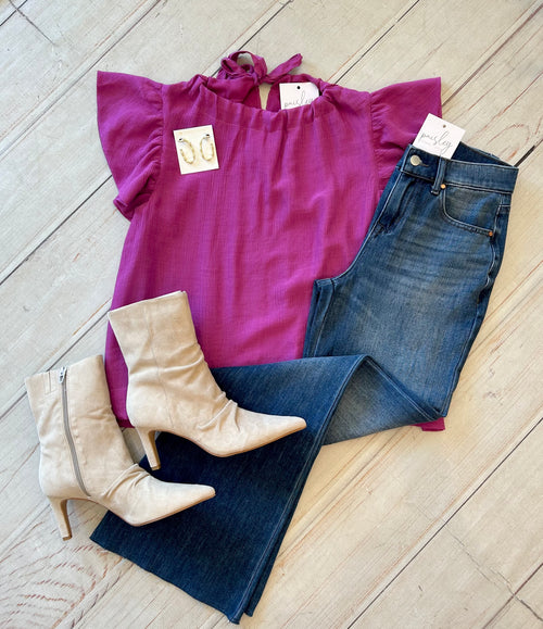 Cerise Top with Ruched Neck