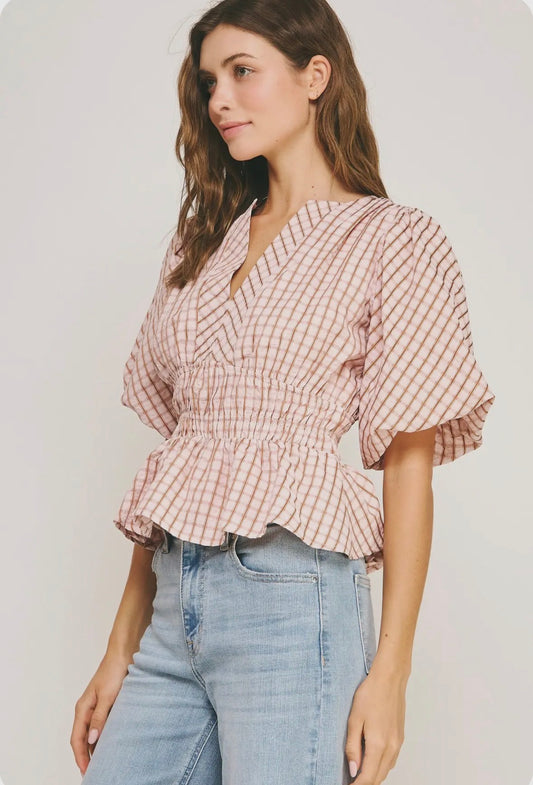 Peplum Checkered Puff Sleeve Blouse