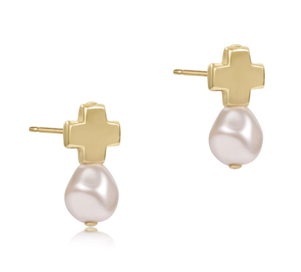 Signature Cross Gold Studs - Classic Pearl