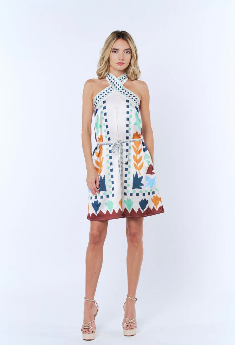 Lio Abstract Print Halter Mini Dress