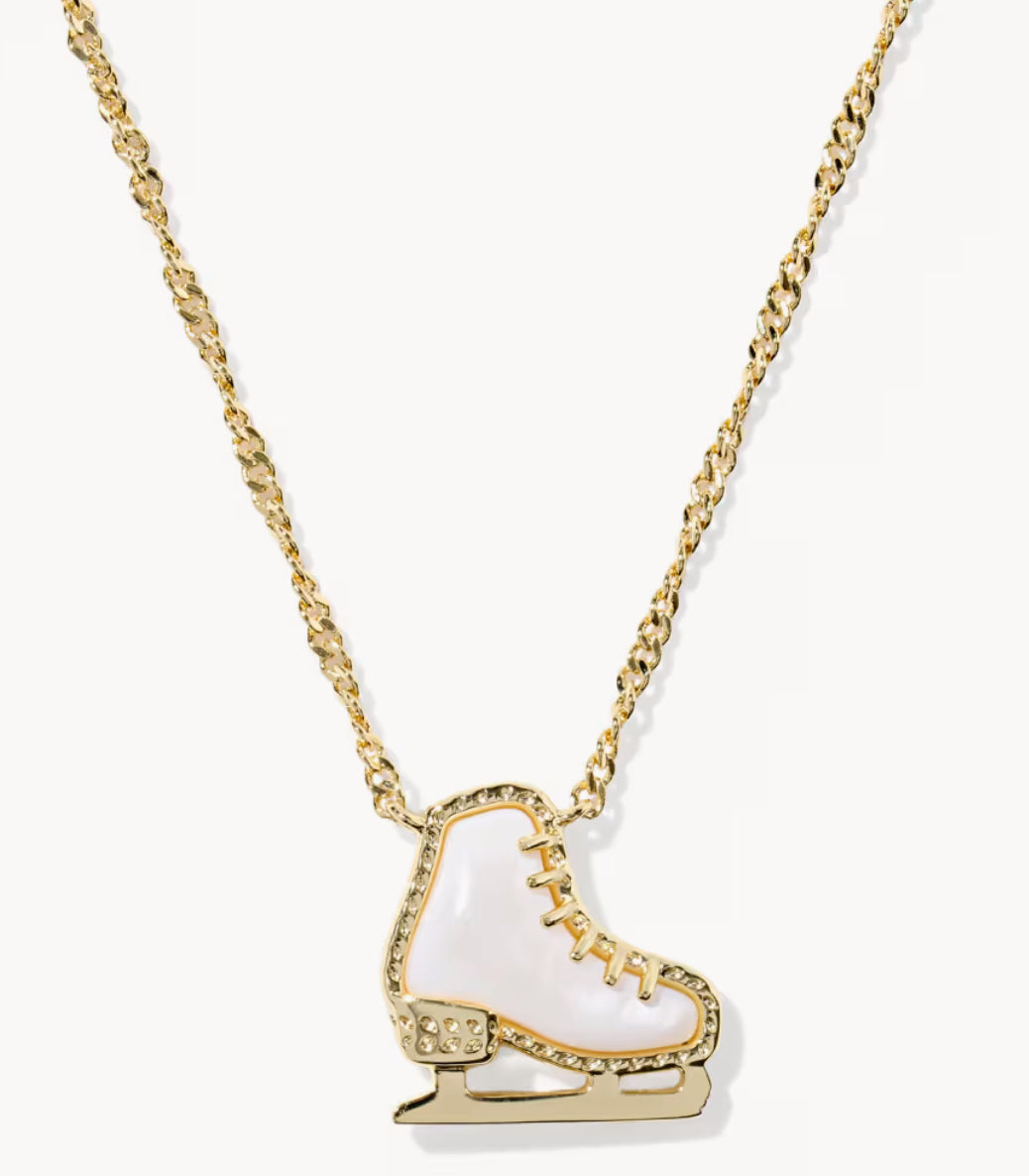 Ice Skate Short Pendant Necklace Gold White MOP