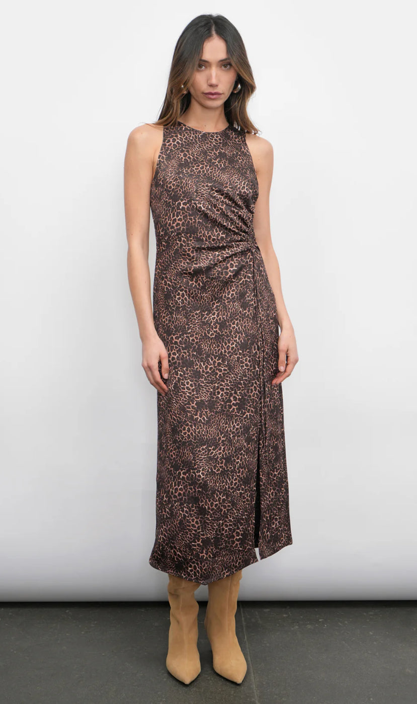 Marli Ruched Tie Front Midi Dress