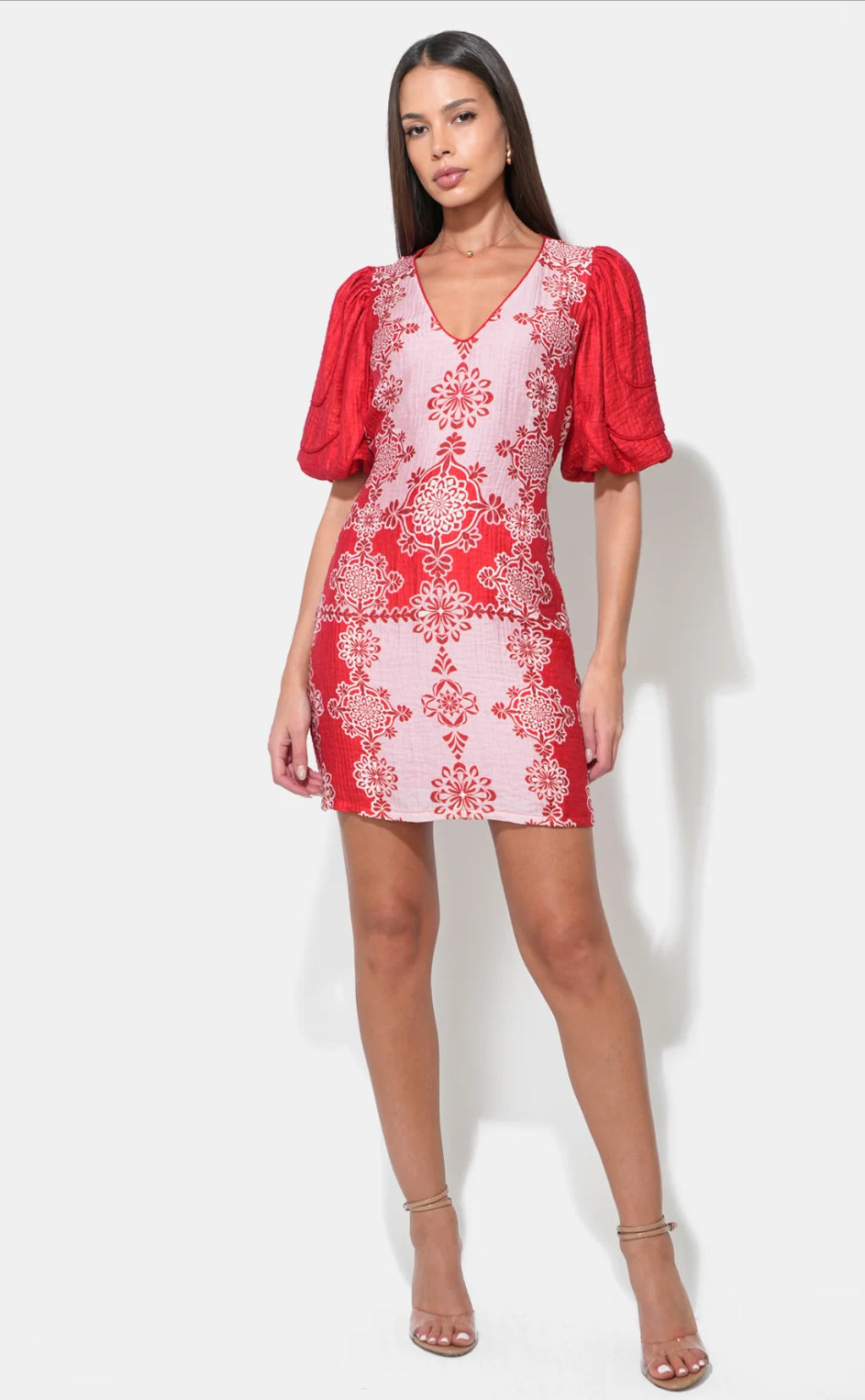 Caroline V Neck Bubble Sleeve Mini Dress