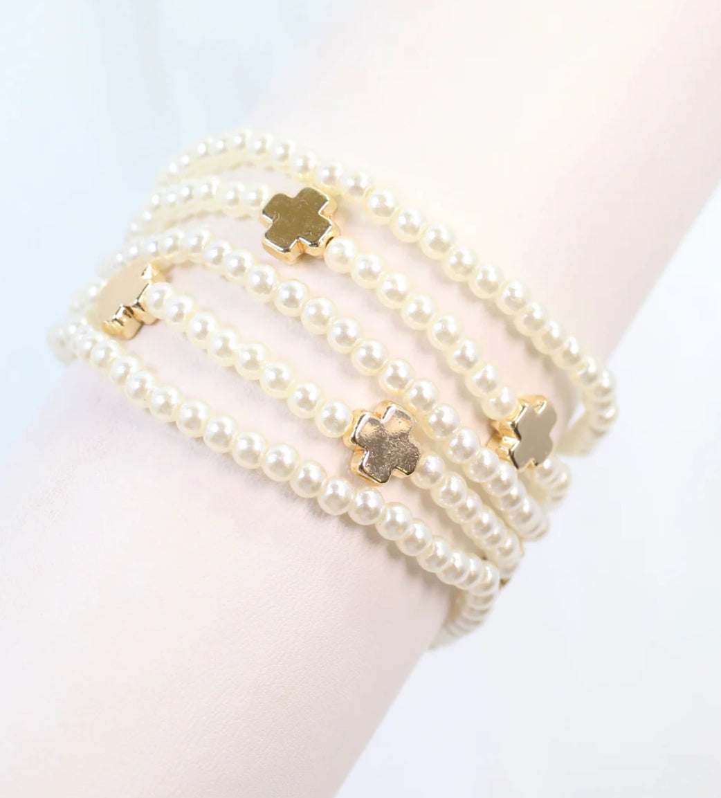 Pauline Pearl and Cross Stretch Bracelet Set Pearl