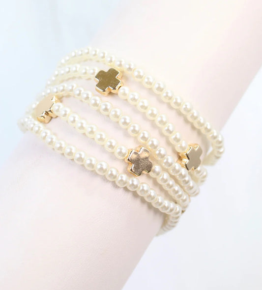 Pauline Pearl and Cross Stretch Bracelet Set Pearl