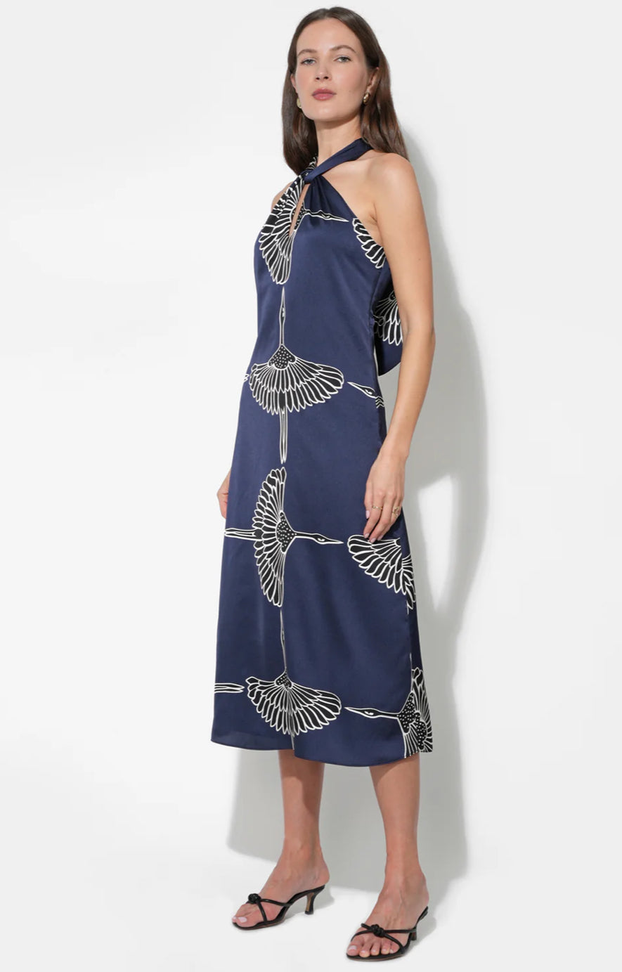 Cecilia Halter Ribbon Tie Satin Midi Dress