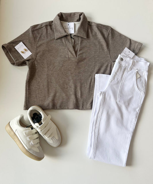 Drop Shoulder Taupe Polo Top