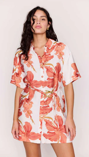 The Isla Peach Hibiscus Mini Shirt Dress