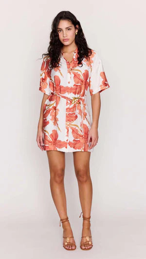 The Isla Peach Hibiscus Mini Shirt Dress