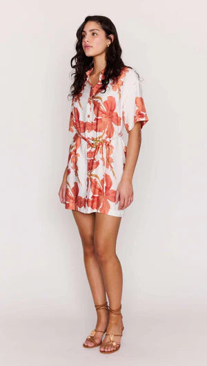 The Isla Peach Hibiscus Mini Shirt Dress