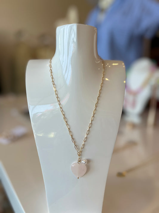 Pink Heart With Pearl Charm Necklace