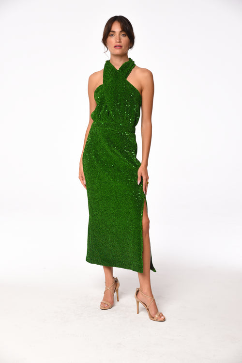 Metallic Green Wrap Neck Maxi Dress