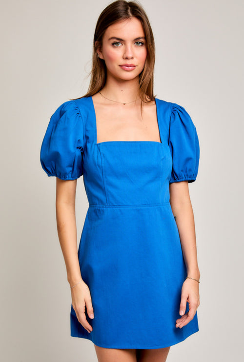 Square Neck Puff Sleeve Dress in Blue