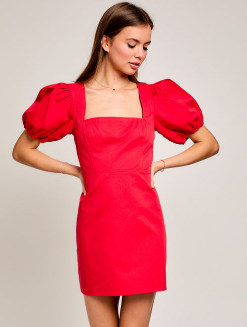 Square Neck Puff Sleeve Dress in Red