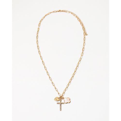 Long Paperclip Necklace with Cross + Clover