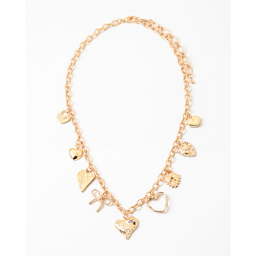 Gold Hearts + Bow Charm Necklace