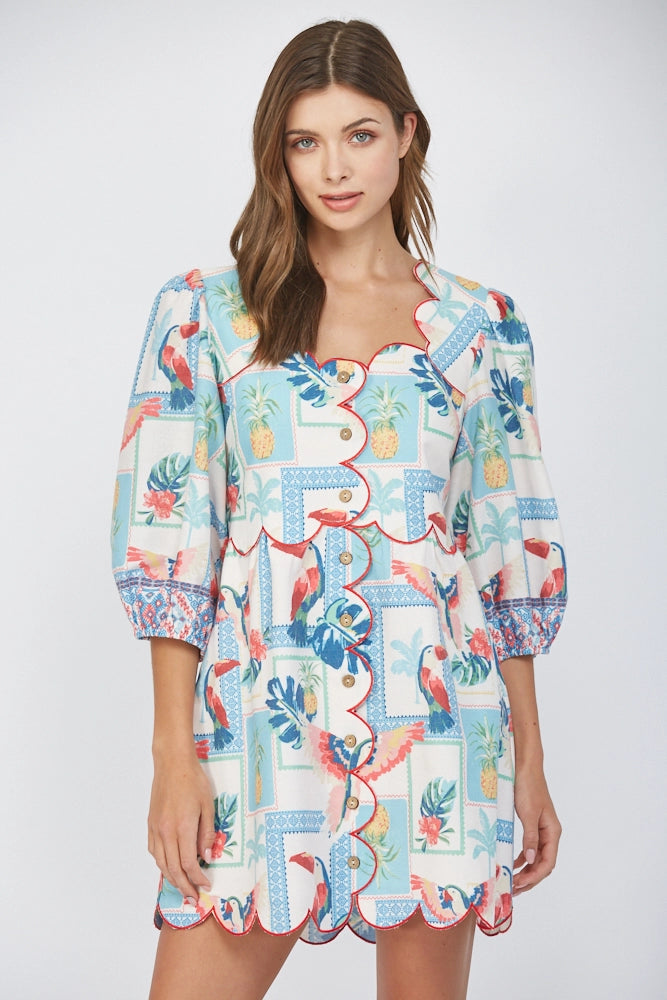 Scallop Tropical Linen Dress