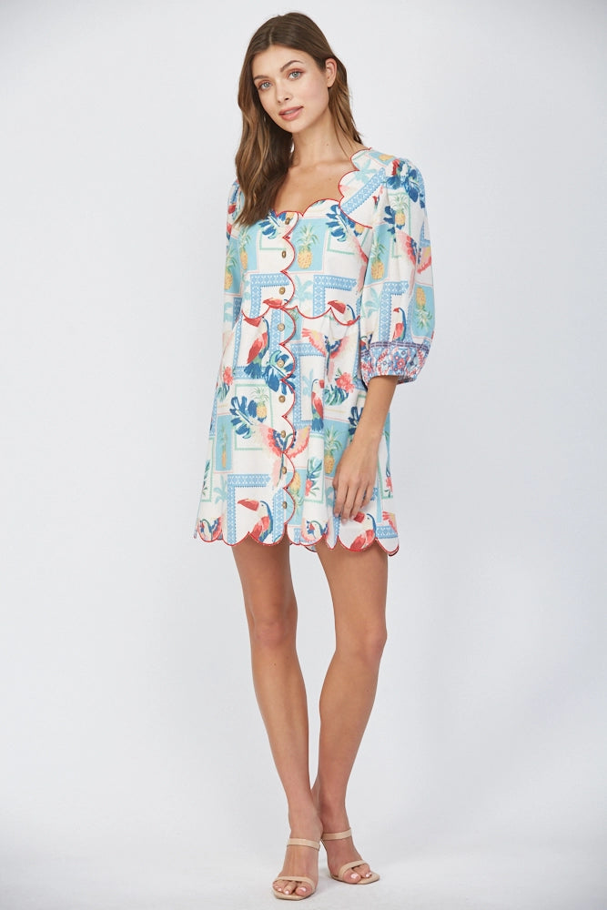 Scallop Tropical Linen Dress