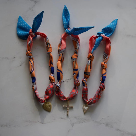 Scarf Necklace - Orange Print with Cross