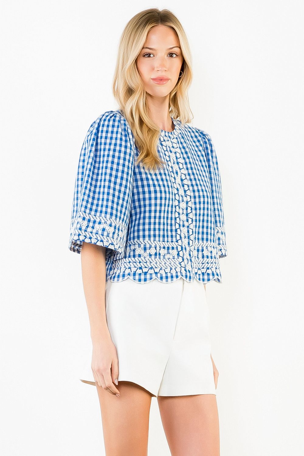 Blue Gingham Embroidered Blouse