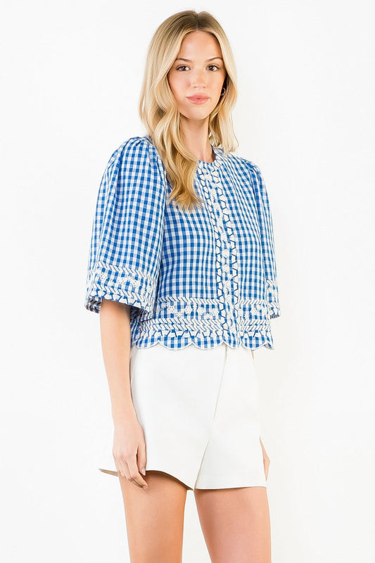 Blue Gingham Embroidered Blouse