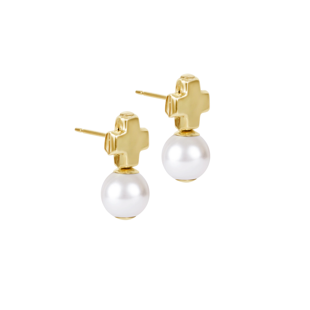 signature cross small gold studs - classic pearl - e.newton