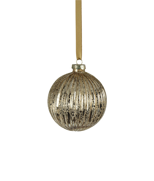 4" Antique Gold Glitter Ribbed Glass Ball Ornament