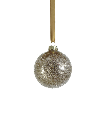 4" Antique Gold Glitter Ribbed Glass Ball Ornament