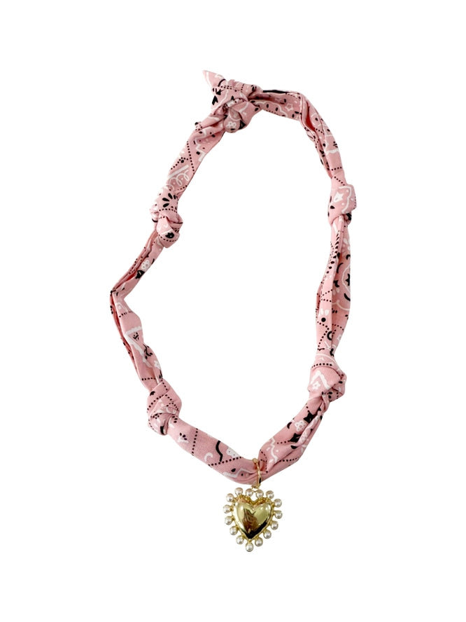 Scarf Necklace - Pink Bandana with Pearl Heart