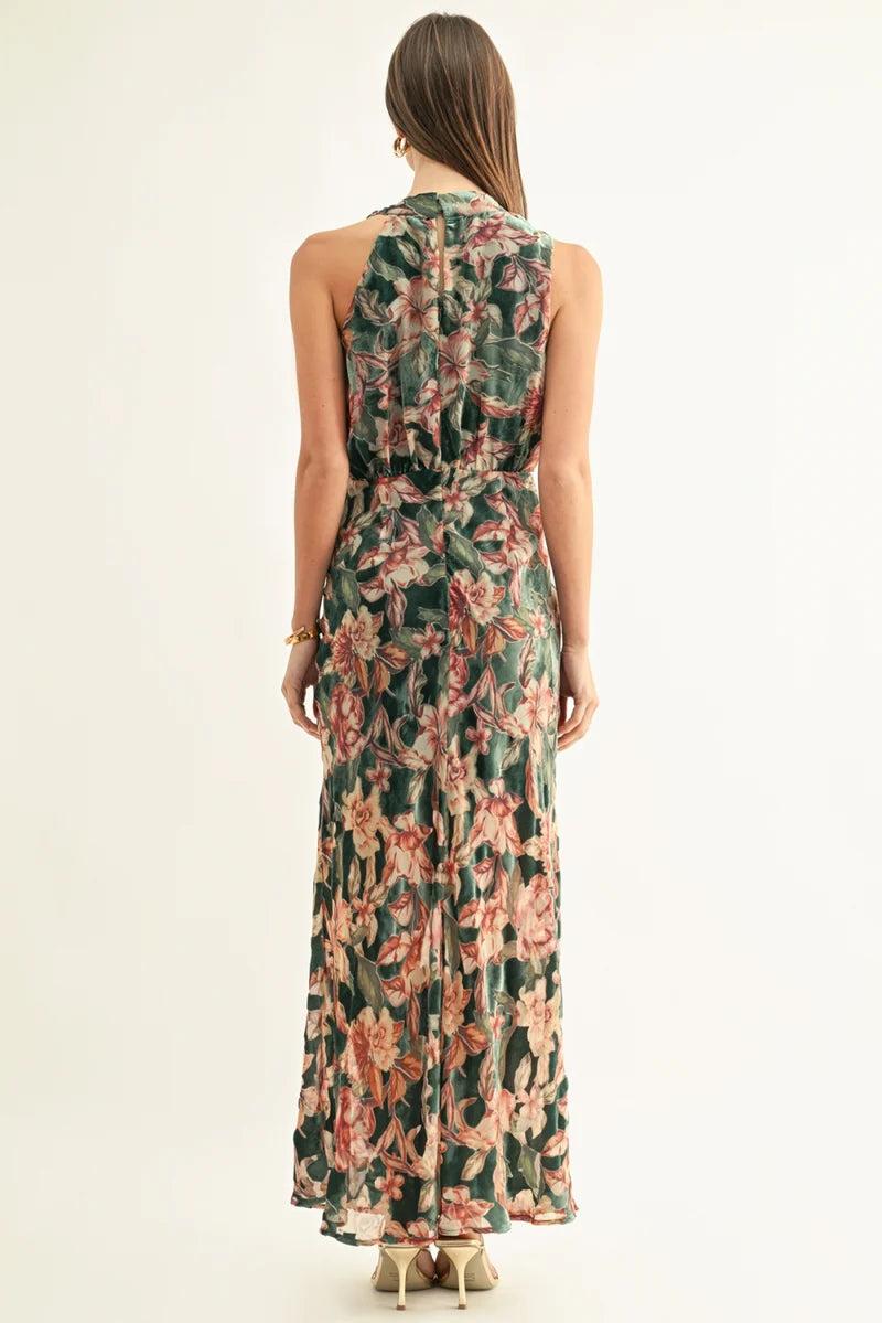 Veda Burnout Velvet Draped Maxi Dress