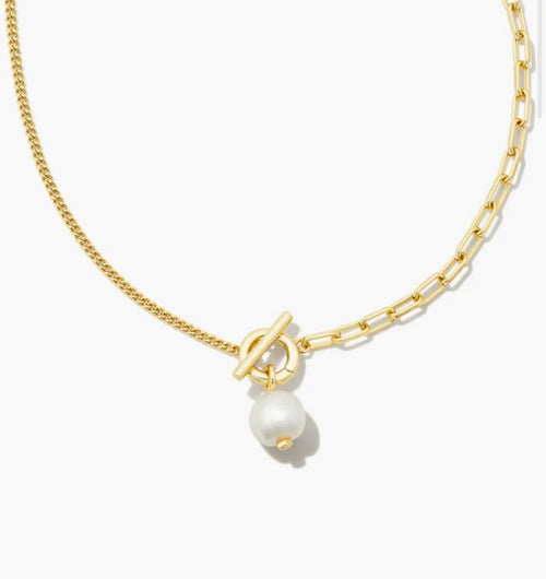 Leighton Convertible Gold Pearl Chain Necklace in White Pearl