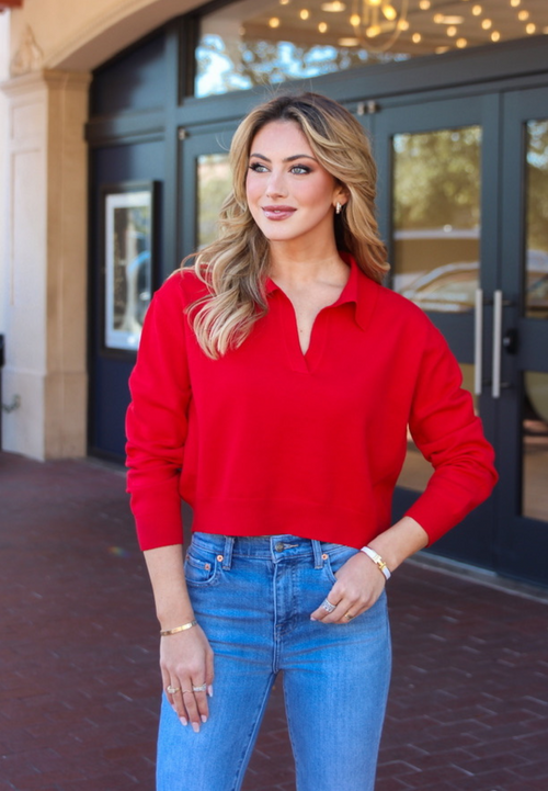 Collared V Neck Sweater in Red