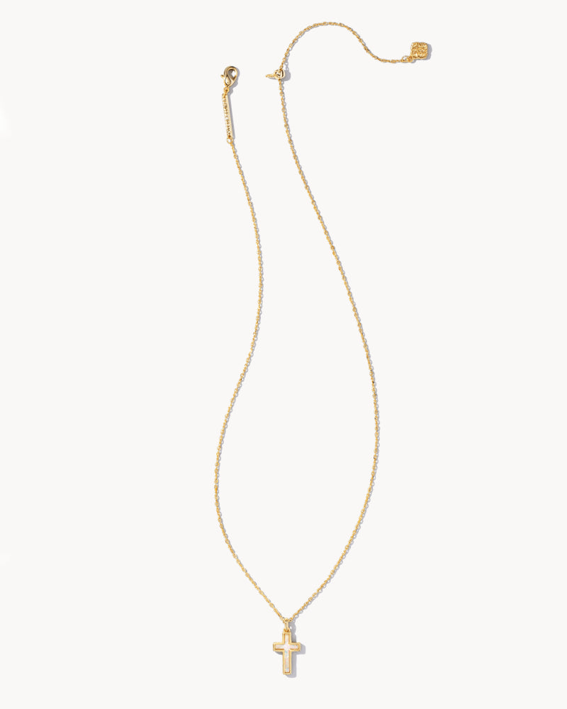 Cross Gold Pendant Necklace in White Opal