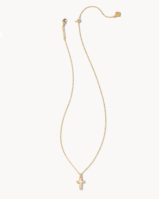 Cross Gold Pendant Necklace in White Opal