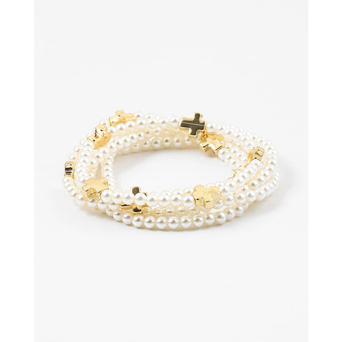 Pearl + Gold Cross Elastic Bracelet Set