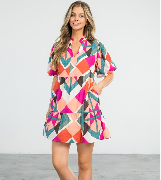 Cream Geo Print Swing Dress