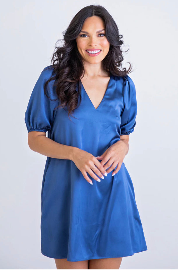 Blue Satin Puff Sleeve Top