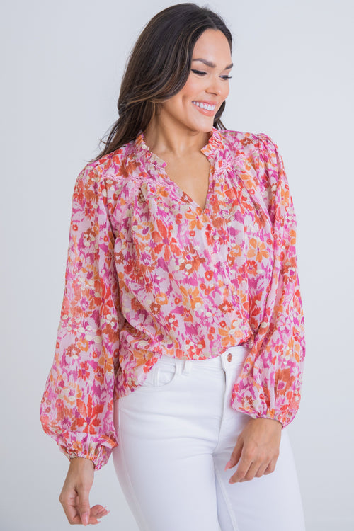 Abstract Floral Metallic Detail Top